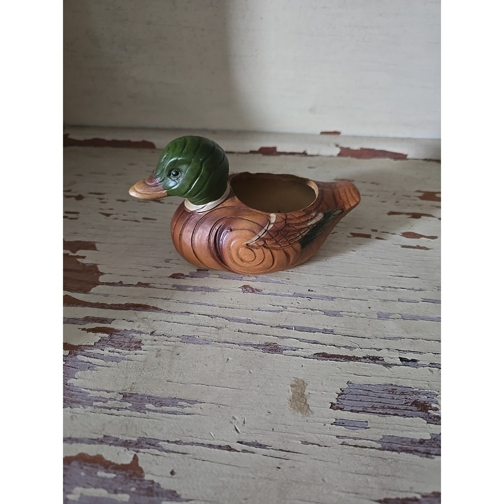 Vtg Made in Japan Wooden Faux Carved Mallard Duck Figurine Pencil Holder‎ Vase